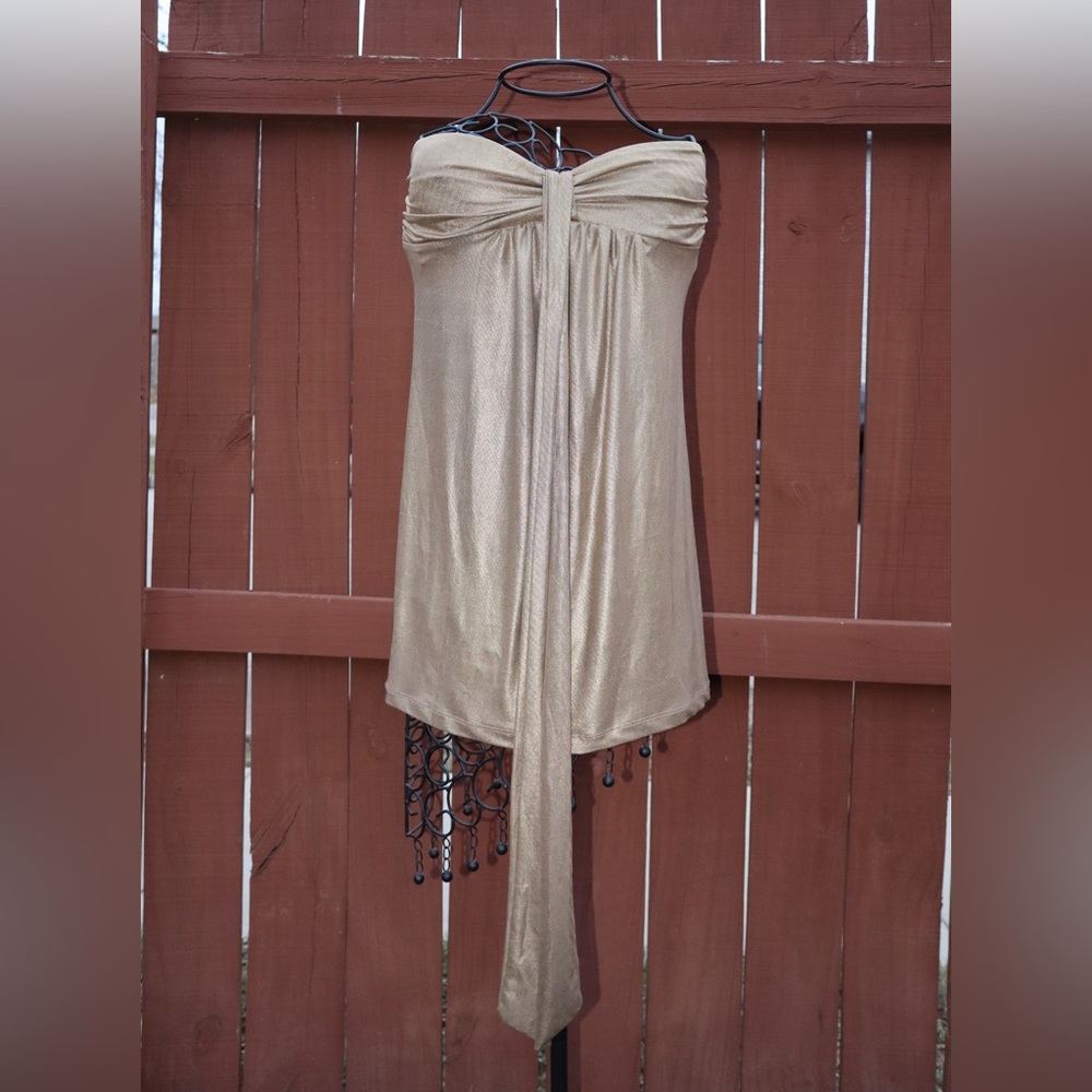 Forever Champagne Sleeveless/Strapless Flowy Cocktail Dress with Ribbons - Picture 2 of 7